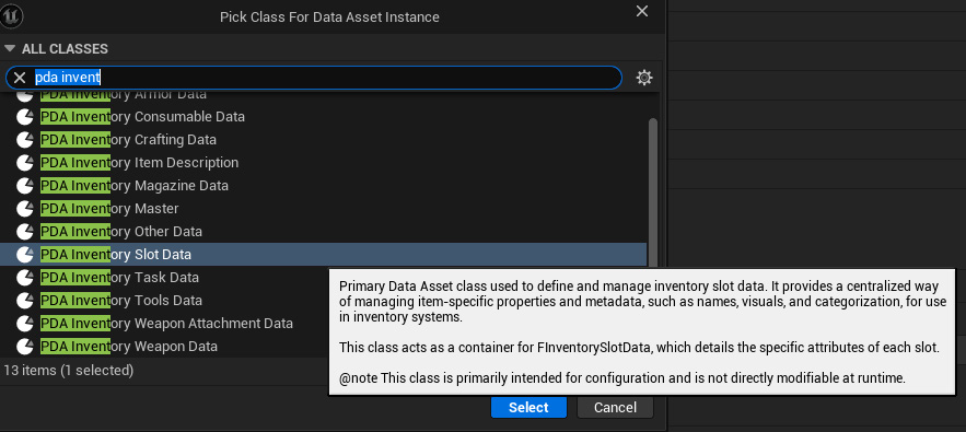 Select slot data class