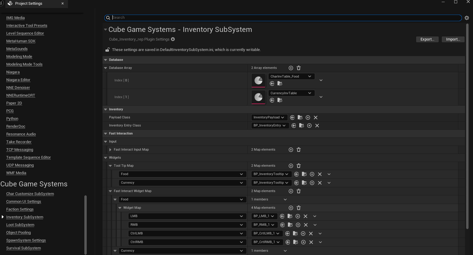 Inventory subsystem project settings